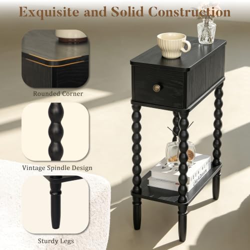 Fultyle Narrow Black Side Table with Drawer, Skinny End Table with Shelf