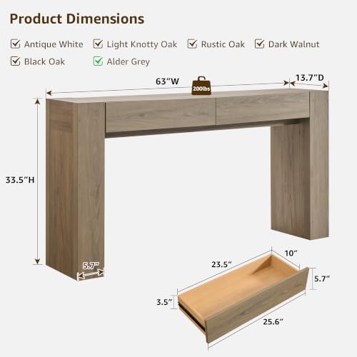 OKD 63" Console Table with Drawers, Thick Block Entryway Table, Alder Grey