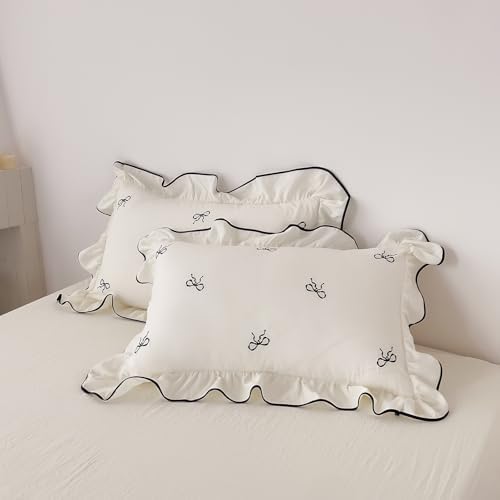 Bowknot Duvet Cover Set Queen Princess Style Ruffle Bedding Set, 3 Pieces Soft Microfiber Embroidery Cute Bow Duvet Cover with Ruffles, Girls Romantic Ruffle Bowknot Comforter Cover with Zipper Ties