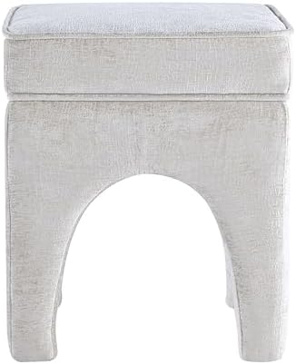 Get Set Style Upholstered Textured Woven Accent Stool, Arched Solid Wood Leg Ottoman Foot Rest, Square Decorative Bench for Living Room Entryway Bedroom (Ivory)