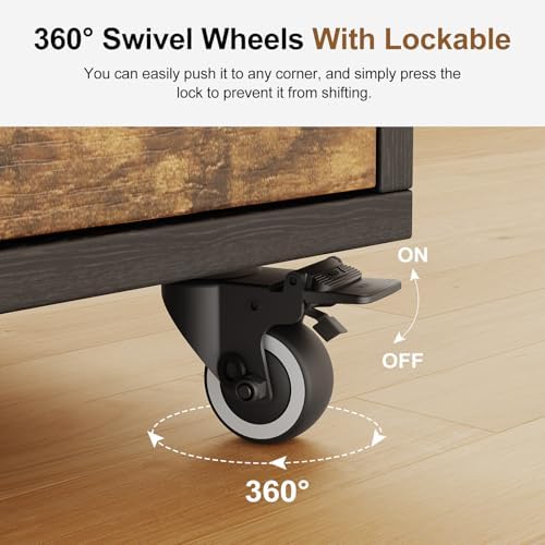 Bedroom Nightstand with Charging Station, Side Table with 2 Drawers,Sofa End Table Living Room with Wheels for Living Room Bedroom Office(Rustic Brown + Black)