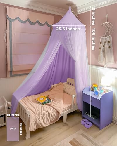 little dove Bed Canopy for Girls with Star Lights, 25.6''x 106'', Purple