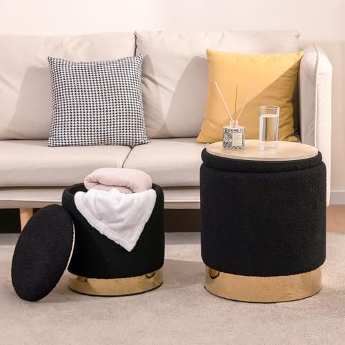 Round Ottoman with Storage Set of 2, Black Sherpa Vanity Stool