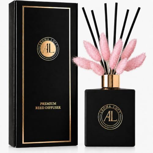 Black Reed Diffuser Sticks in Oil Set with Fresh Linen Scent | Long-Lasting Reed Diffusers for Home, Office & Bedroom Decor Fragrance Diffuser | BunnyTail Pink Dried Flowers | (5 oz)