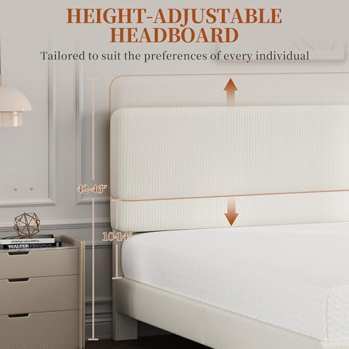 Yaheetech Full Bed Frame, Adjustable Chenille Upholstered Headboard, Beige