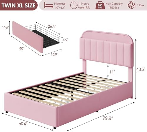 GarveeHome TwinXL Bed Frame, Platform Bed with Storage Headboard & Drawers