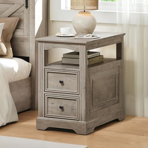 RALGEND Farmhouse End Table with 2 Drawers and Open Shelf, Greige