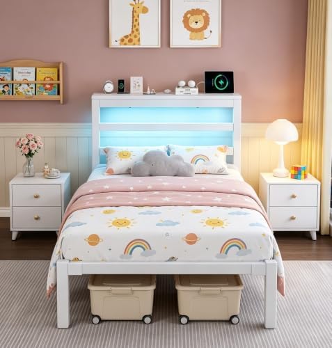 Twin Bed Frame with Charging Station and LED Lights Headboard,White