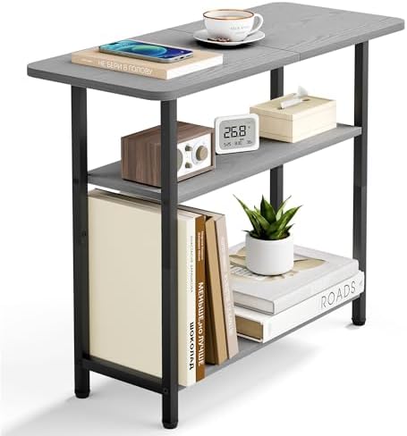 SLEEPING LAMB Side Table for Living Room, 3-Tier End Table for Small Space with Wide Storage Tabletop, Narrow Nightstand for Bedroom, Sofa Couch, Grey
