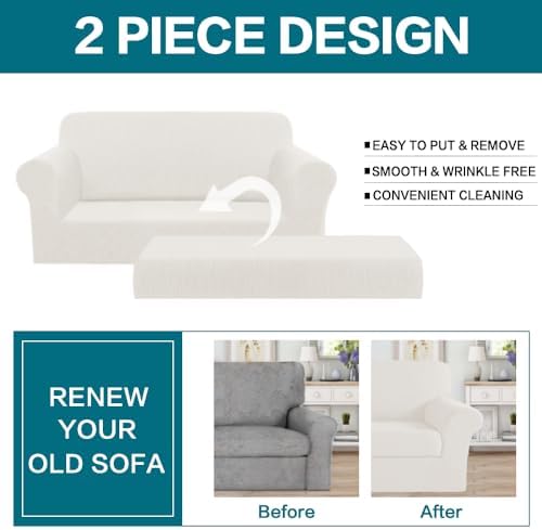 Turquoize Stretch Sofa Slipcover 2 Pieces Sofa Cover Couch Cover for 2 Cushion Couch Washable Furniture Protector Covers with Elastic Bottom Feature Thick Jacquard Fabric (Loveseat, Porcelain White)