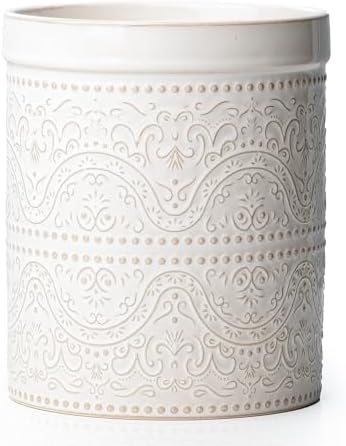 Kitchen Utensil Holder, 7 Inches Large Ceramic Utensil Holder for Countertop, Lace Emboss Cooking Utensil Crocks for Kitchen, Home Decor, Off-White