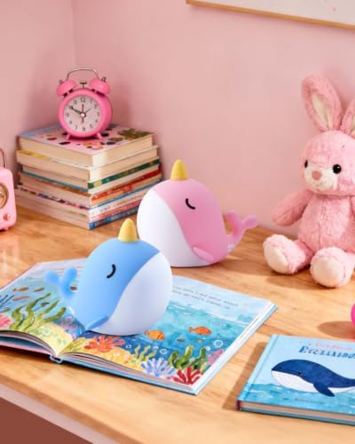 Fuloon Narwhal Night Light, 3 Dimming Silicone Touch Lamp with Rechargeable Battery & Timer, Cute Squishy Unicorn Whale Desk Decor, Funny White Elephant Gift for Adults Teens Kids (Pink+Blue 2PCS)