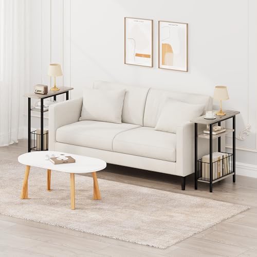 Vagusicc Narrow Side Table, Skinny Side Table for Couch, 3-Tier Small End Table for Small Spaces, Bed Side Tables with Storage, 25.2" Tall Slim Nightstand Bedside table for Living Room Bedroom, Greige