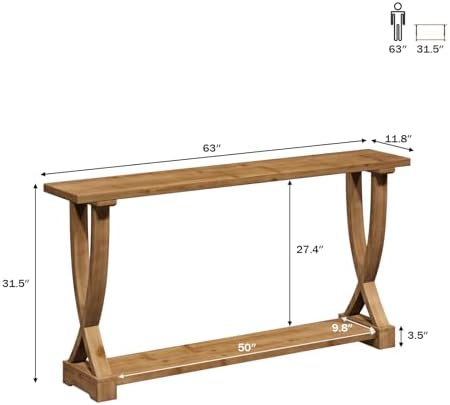 HOKYHOKY 63" Long Solid Wood Console Table, Narrow Behind Couch Sofa Table