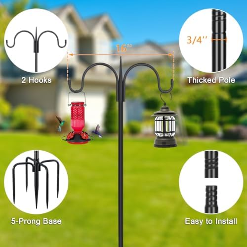 FEED GARDEN Heavy Duty Shepherds Hook 2 Pack 92" Double Hooks Adjustable (44/60/76/92") - Metal 5-Prong Base, 15lb Capacity - Easy Assembly Bird Feeder Pole for Hanging Planters, Lanterns, Wind Chimes