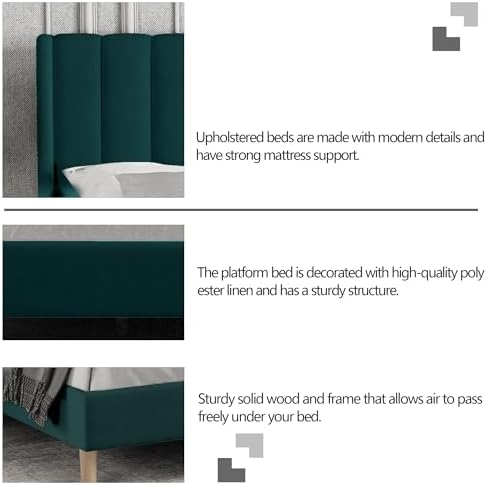Full Size Bed Frame with Velvet Upholstered Headboard, Green