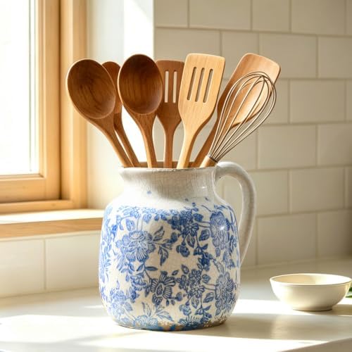 Ceramic Flower Vase, Vintage Utensil Holder, Blue and White Decorative Vase Chinoiserie Decor Rustic Farmhouse Retro Floral Vases for Table Bookshelf Mantel Kitchen Living Room Office - 6.7” Blue 016