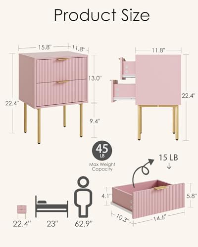 Aienvey Nightstand with 2 Drawers, Pink Stripe Night Stand and Gold Frame