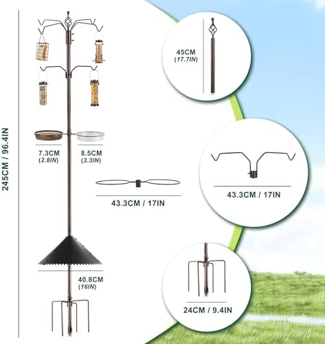 Bird Feeder Station Kit - Wild Bird Feeder Pole with Multi Feeder, Suet Cage, Planter Hanger with Squirrel Guard Baffle for Attracting Birds