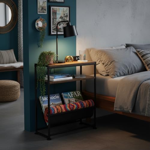 Narrow End Table with Magazine Rack, 2-Tier Slim Side Table for Small Spaces, Industrial Nightstand with Storage Sling for Living Room, Couch and Bedroom, Rustic Brown