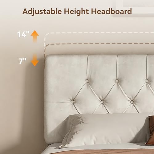 Full Size Bed Frame with Headboard, Luxury Velvet Fabric Upholstered Bed frame with Button Tufted Design, Strong Wooden Slats Support - Low & Sturdy, Noise-Free, No Box Spring, Easy Assembly, Beige