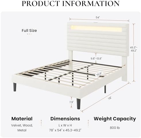 SHA CERLIN Full Bed Frame with LED Light & 2-Tier Storage Shelf, White