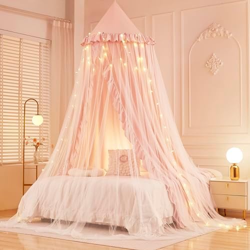 Mengersi Bed Canopy for Girls,Princess Round Dome Canopy Bed Curtains-Dreamy Mosquito Net Castle Play Tent Castle for Girls Room Decor (Beige Pink/Double)