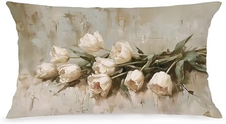 Vintage White Tulip Floral Lumbar Pillow Cover 12x20 Double-Sided, Cottagecore Room Decor, Neutral Farmhouse Spring White Flower Decorative Throw Pillow Cover for Living Room Home Bedroom