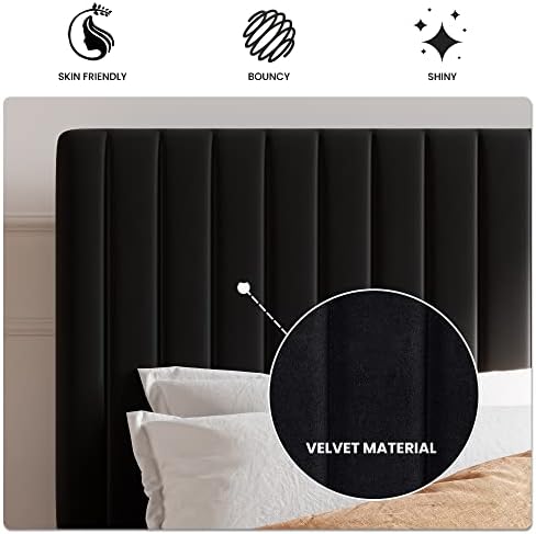 SHA CERLIN Queen Upholstered Platform Bed Frame with Adjustable Headboard/Vertical Channel Tufted Velvet Fabric/Wooden Slats Support/Mattress Foundation/Box Spring Optional/Black