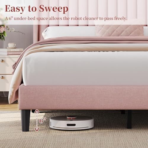 Yaheetech Queen Bed Frame with Headboard,Pink Channel-Tufted Platform