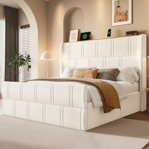 LARMACE 55.1" Tall Headboard Queen Size Bed Frame, 2 Reading Lights, Beige