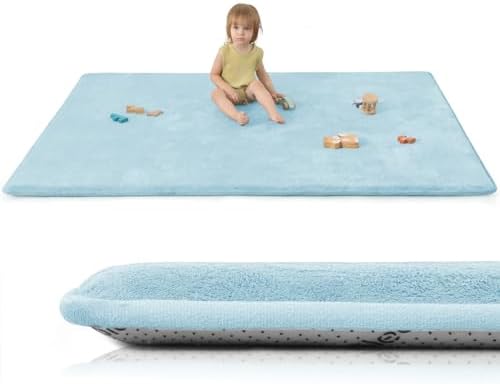 Baby Play Mat for Floor,Extra Large 59"×71" Playpen Mat for Tummy Time,Thicker Padded Elasti Foam Activity Mats,Water Repellent Ultra Soft Velvet,Non-Slip Backing Safe（Light Blue）