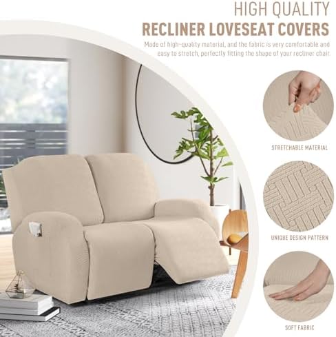 KinCam Oversized Loveseat Recliner Covers, Reclining Cover, Vanilla