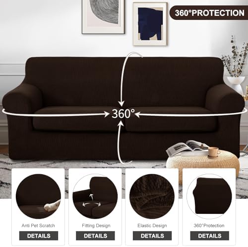 U-NICE HOME 3 Pieces Stretch Couch Cover Sofa Slipcover, Chocolate