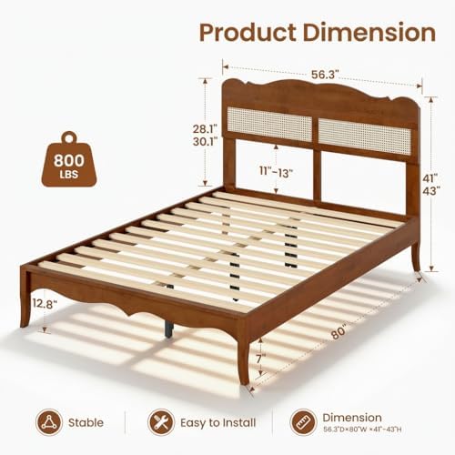 PHI VILLA Solid Wood Full Size Bed Frame with Adjustable Headboard