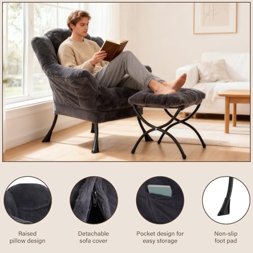 Welnow Lazy Chair with Ottoman, Reading Chair with Footrest, Navy Blue