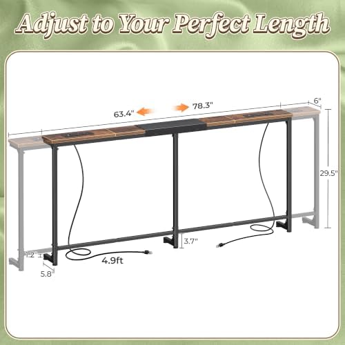 Huuger 63.4-78.3'' Extendable Behind Couch Table with Outlets, Rustic Brown