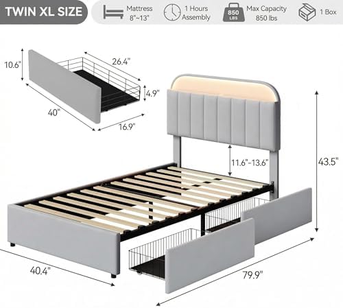 GarveeHome TwinXL Bed Frame, Platform Bed with Storage Headboard & Drawers