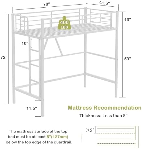VECELO Loft Bed Twin Size, Metal Bedframe with Removable Ladder and Safety Guardrail, No Box Spring Needed, Space Saving, Noise Free, Off White