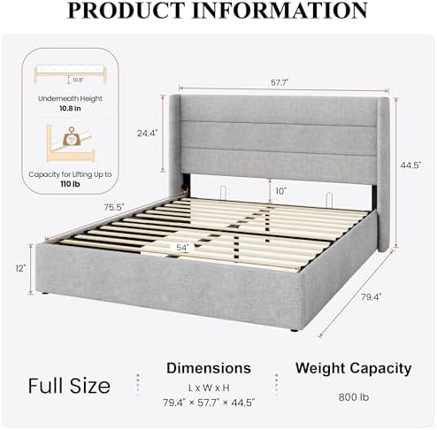 SHA CERLIN Full Size Lift Up Hydraulic Storage Bed Frame Light Grey