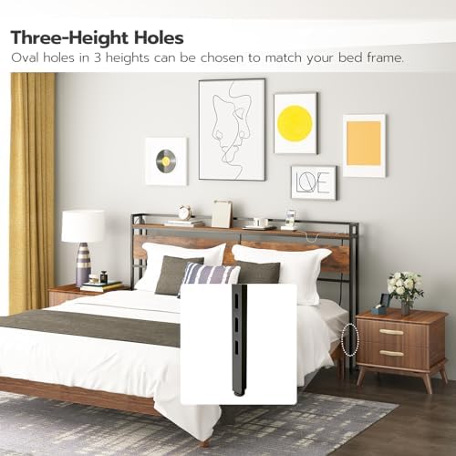 HOOBRO King Size Headboard, Headboard with 2 Outlets and 4 USB Ports, Adjustable Height, Storage Rack, Sturdy and Stable, Easy Assembly, Rustic Brown and Black