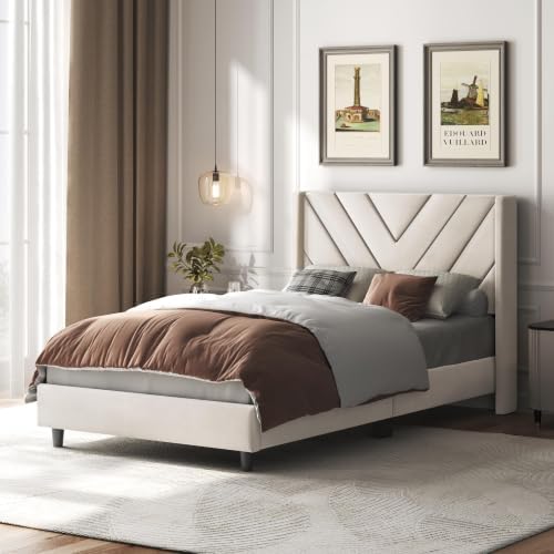 Yaheetech Twin Bed Frame with Chevron Channel-Tufted Headboard, Beige