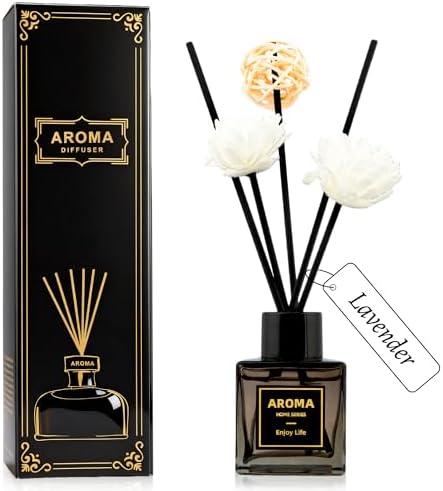 Black Glass Bottle Scent Diffuser, 1.7 oz Reed Diffuser with Sticks, Home Fragrance for Bookshelf, Bedroom Vanity, Office Desk & Bathroom Decor, Air Freshener for Aesthetic Room Decor (Lavender)