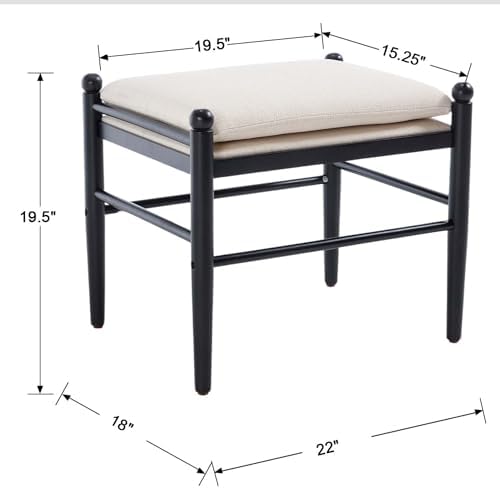 Ottoman Footrest Set of 2, 19 Inch Upholstered Vanity Bench Seat, Backless Makeup Stool with Solid Wood Legs for Dining Room/Bedroom/Living Room/Entryway,Black Frame, White Linen