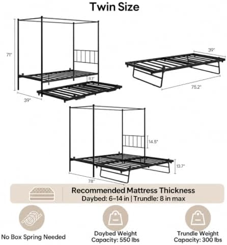 LIKIMIO Twin Daybed with Trundle, Canopy Bed with Pop Up Trundle, Black