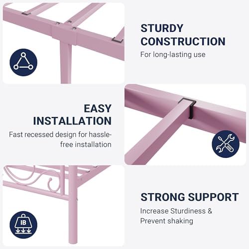 Allewie Metal Twin Platform Bed Frame, Butterfly Pattern Design, Pink