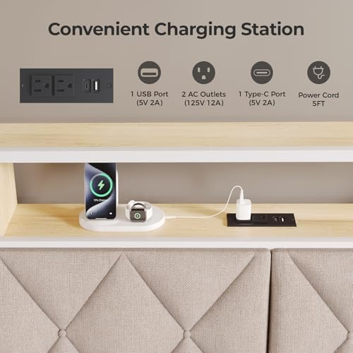 Headboard King Size with Storage, Charging Station & Lights, White & Beige