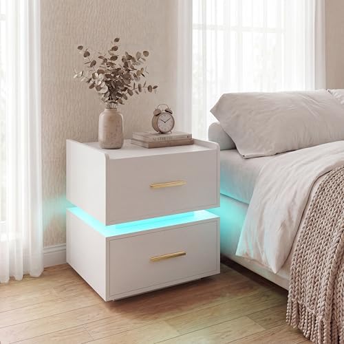GIANTEX LED Night Stand with Charging Station, Semi-Floating Bedside Table w/2 Storage Drawers, USB & Type-C Ports, Modern Couch End Sofa Side Table for Bedroom Small Spaces (White,1)