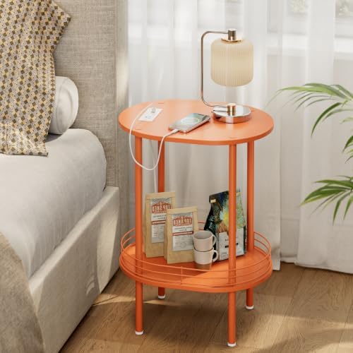Small Oval Side Table with Charging Station, 2-Tier Orange Round End Table