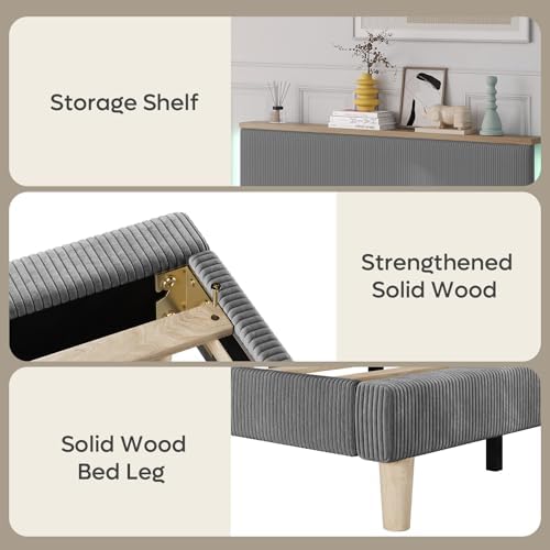 Bestier Queen Size Bed Frame with Headboard Shelf & LED, Upholstered, Grey